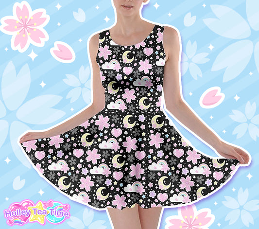 Cherry Blossom Dreams Black Skater Dress [Made-To-Order]
