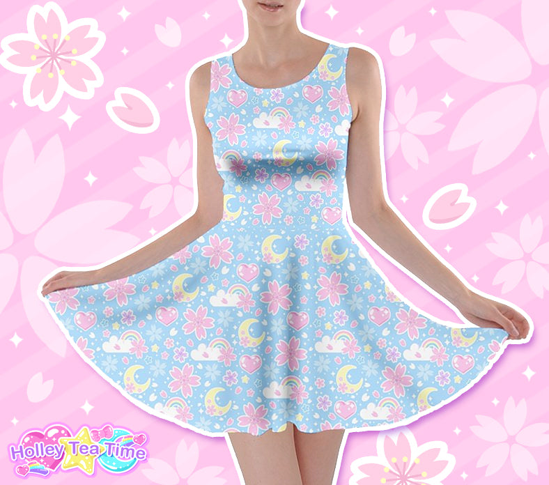 Cherry Blossom Dreams Blue Skater Dress [Made-To-Order]