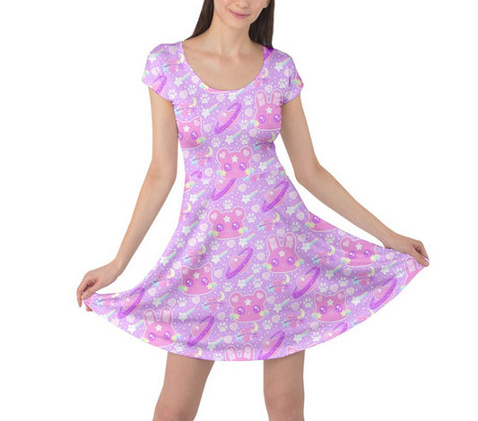 Cosmic Cuties Lilac cap sleeve skater dress [made to order]