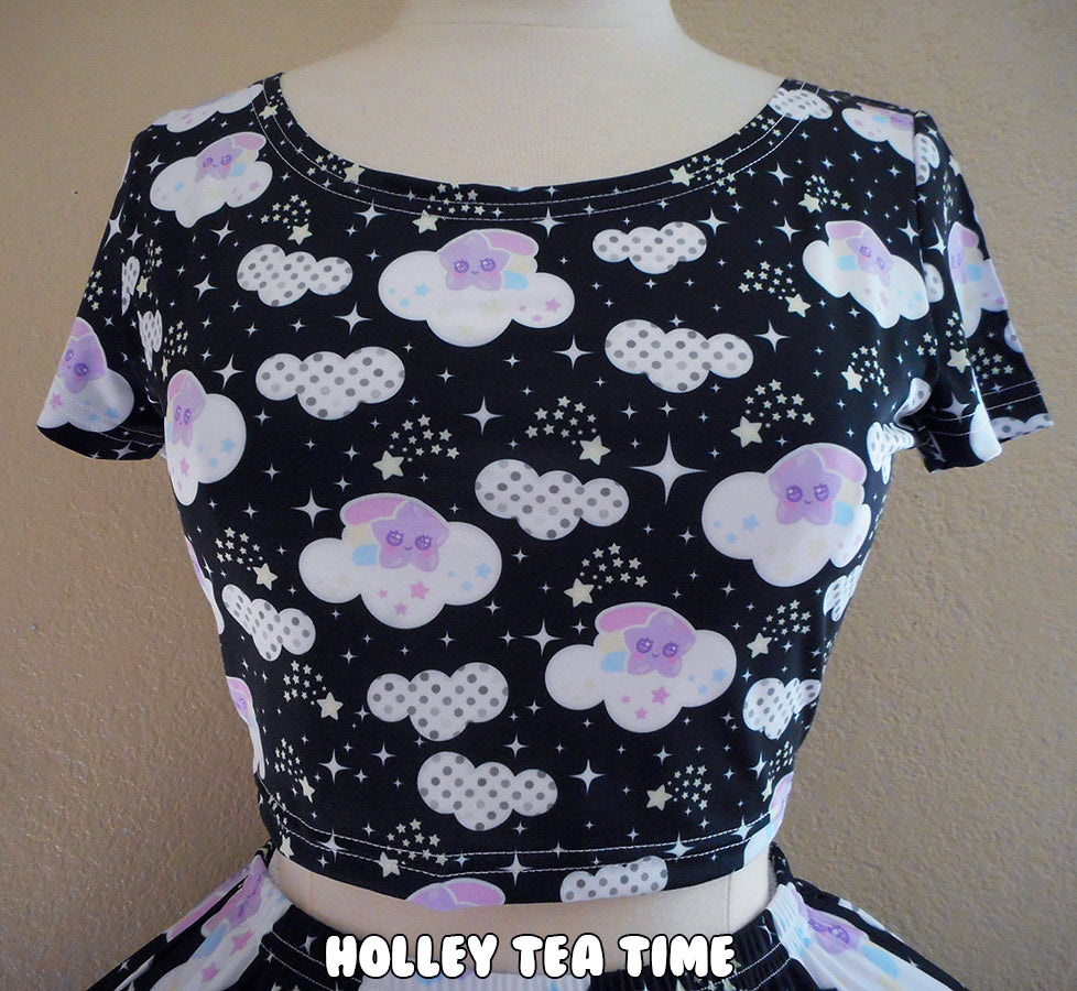 Shooting Star Clouds Black Short Sleeve Crop Top [Made To Order]