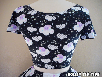 Shooting Star Clouds Black Short Sleeve Crop Top [Made To Order]