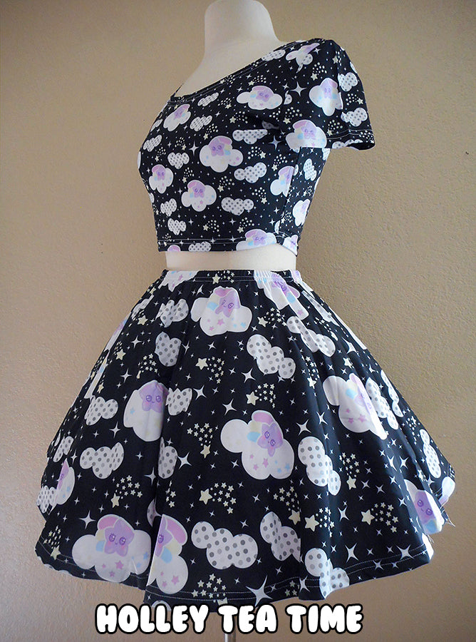 Shooting Star Clouds Black Skater Skirt [Made To Order]
