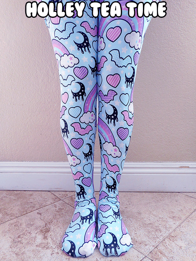 Rainbow Spooky Bats blue tights [made to order]