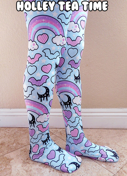 Rainbow Spooky Bats blue tights [made to order]