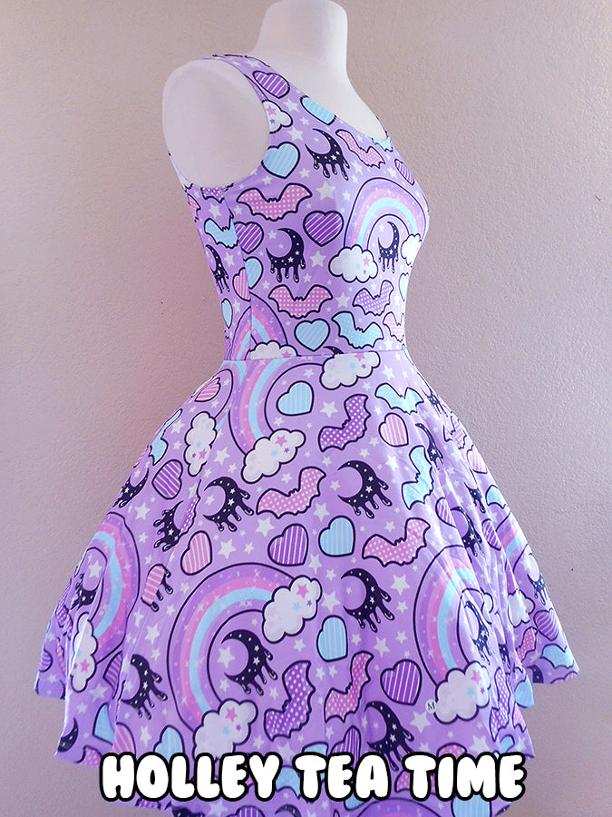 Rainbow spooky bats purple skater dress [made to order]