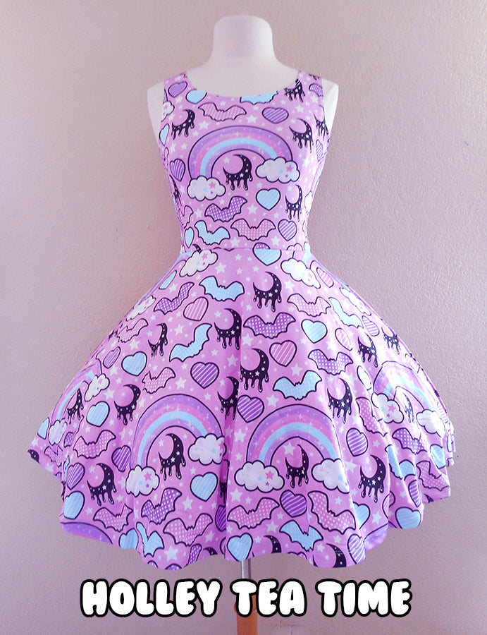 Rainbow spooky bats pink skater dress [made to order]