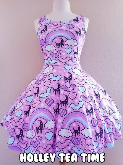 Rainbow spooky bats pink skater dress [made to order]