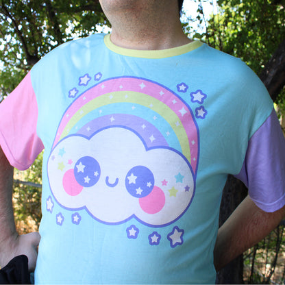 Kawaii fashion Harajuku fashion Jfashion Japanese street fashion fairy kei yume kawaii cutecore jojifuku Happy Rainbow Cloud Blue Women's Drop Shoulder T-Shirt pastel rainbow alternative fashion alt fashion 
