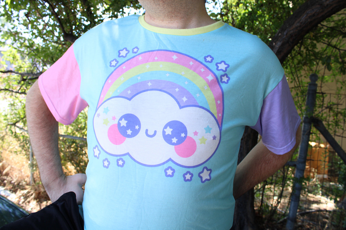 Kawaii fashion Harajuku fashion Jfashion Japanese street fashion fairy kei yume kawaii cutecore jojifuku Happy Rainbow Cloud Blue Women's Drop Shoulder T-Shirt pastel rainbow alternative fashion alt fashion 
