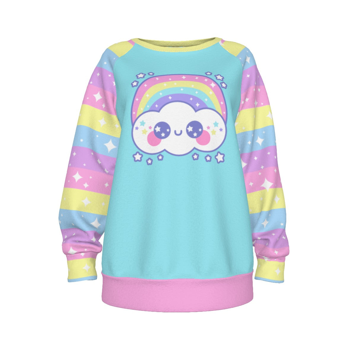 Kawaii fashion Harajuku fashion Jfashion Japanese street fashion fairy kei yume kawaii cutecore jojifuku Happy Rainbow Cloud Blue Women's Raglan Sleeve Sweatshirt pastel rainbow alternative fashion alt fashion 