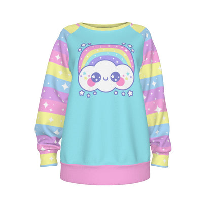 Kawaii fashion Harajuku fashion Jfashion Japanese street fashion fairy kei yume kawaii cutecore jojifuku Happy Rainbow Cloud Blue Women's Raglan Sleeve Sweatshirt pastel rainbow alternative fashion alt fashion 