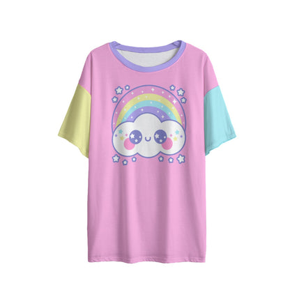 Kawaii fashion Harajuku fashion Jfashion Japanese street fashion fairy kei yume kawaii cutecore jojifuku Happy Rainbow Cloud Pink Women's Drop Shoulder T-Shirt pastel rainbow alternative fashion alt fashion color block