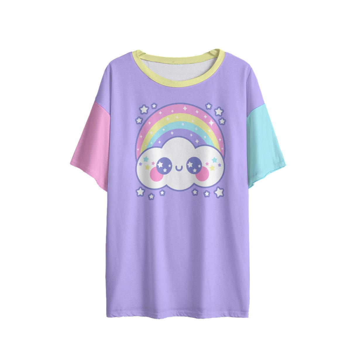 Kawaii fashion Harajuku fashion Jfashion Japanese street fashion fairy kei yume kawaii cutecore jojifuku Happy Rainbow Cloud Purple Women's Drop Shoulder T-Shirt pastel rainbow alternative fashion alt fashion color block anime cartoon lavender lilac violet