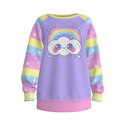 Kawaii fashion Harajuku fashion Jfashion Japanese street fashion fairy kei yume kawaii cutecore jojifuku Happy Rainbow Cloud Purple Women's Raglan Sleeve Sweatshirt pastel rainbow alternative fashion alt fashion colorful stripes lilac lavender violet 