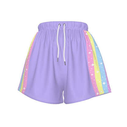 Kawaii fashion Harajuku fashion Jfashion Japanese street fashion fairy kei yume kawaii cutecore jojifuku  Happy Rainbow Cloud Purple Women's Sports Shorts pastel rainbow purple lavender lilac violet sportswear loungewear 
