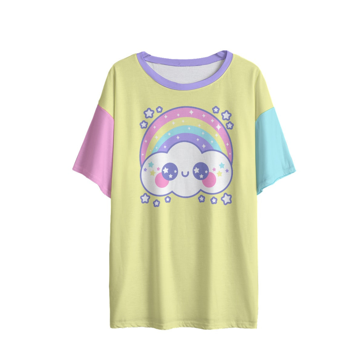 Kawaii fashion Harajuku fashion Jfashion Japanese street fashion fairy kei yume kawaii cutecore jojifuku Happy Rainbow Cloud Yellow Women's Drop Shoulder T-Shirt pastel rainbow alternative fashion alt fashion color block 