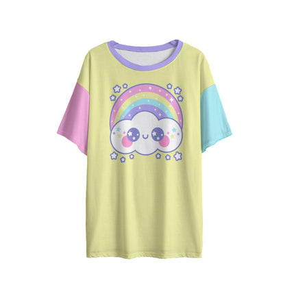 Kawaii fashion Harajuku fashion Jfashion Japanese street fashion fairy kei yume kawaii cutecore jojifuku Happy Rainbow Cloud Yellow Women's Drop Shoulder T-Shirt pastel rainbow alternative fashion alt fashion color block 