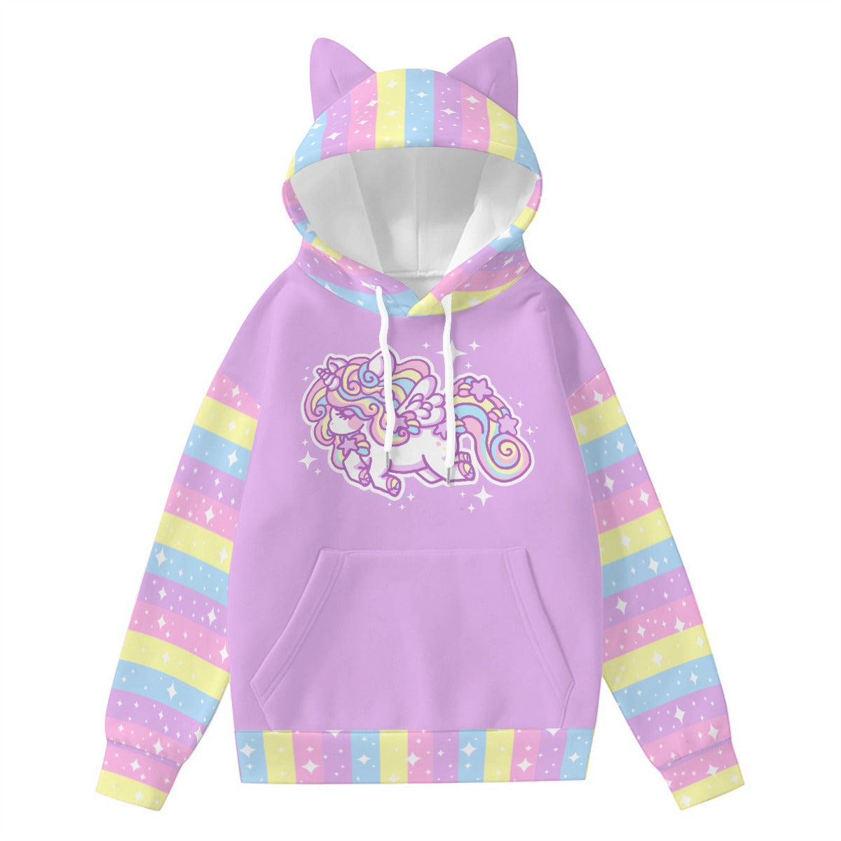 Kawaii fashion Jfashion Harajuku style fairy kei yumekawaii yume kawaii jojifuku cutecore Rainbow Stardust Unicorn Unisex Hoodie With Cat Ears colorful color block alicorn pastel purple 
