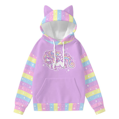 Kawaii fashion Jfashion Harajuku style fairy kei yumekawaii yume kawaii jojifuku cutecore Rainbow Stardust Unicorn Unisex Hoodie With Cat Ears colorful color block alicorn pastel purple 