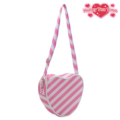 Candy Love Pink Diagonal Stripes Heart Shaped Shoulder Bag [Made To Order]
