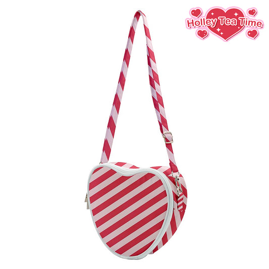 Candy Love Red Diagonal Stripes Heart Shaped Shoulder Bag [Made To Order]