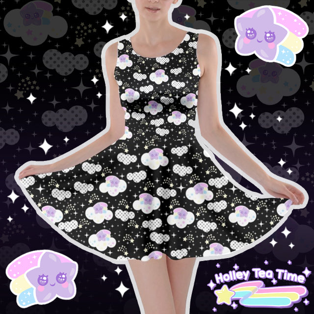 Shooting Star Clouds Black Skater Dress [Made To Order]