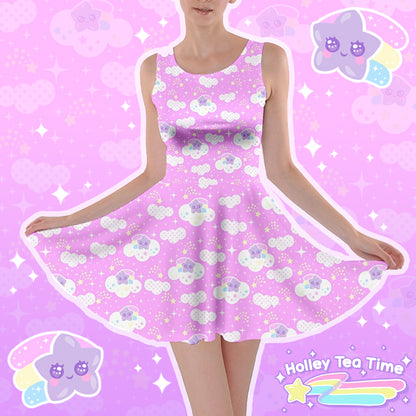 Shooting Star Clouds Pink Skater Dress [Made To Order]