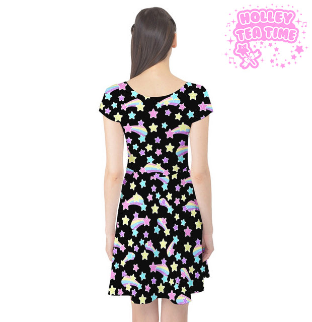 Starry Party Black cap sleeve skater dress [made to order]