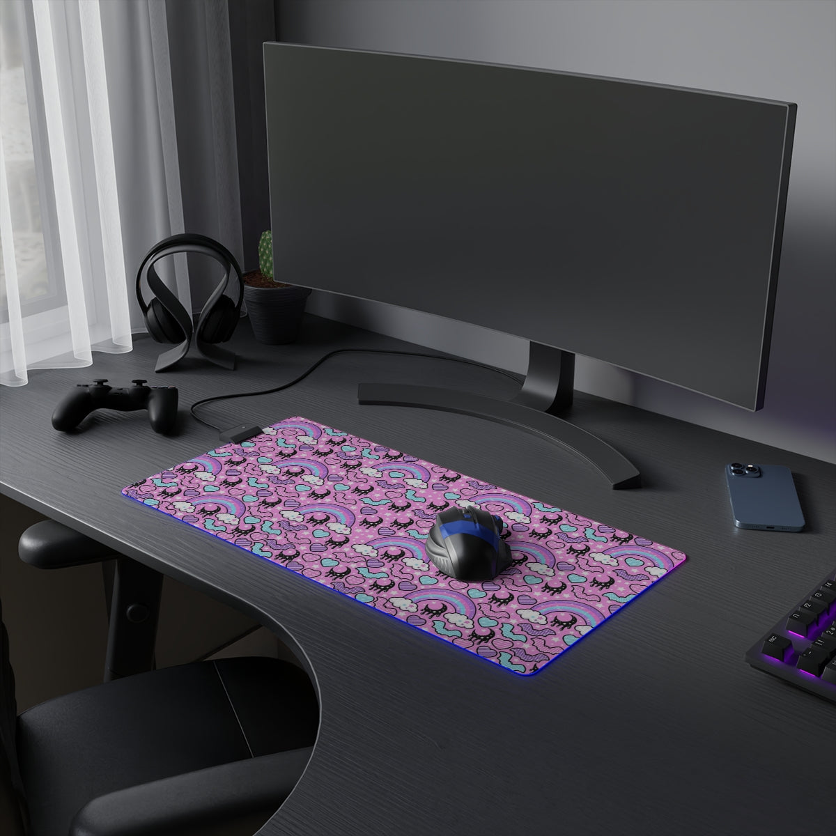 Rainbow Spooky Bats Pink LED Gaming Mouse Pad