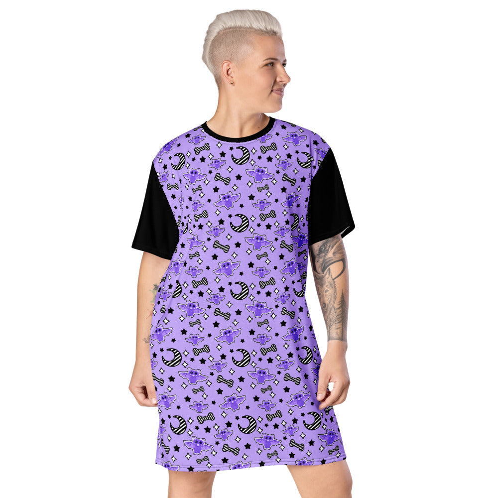 Magical Kawaii Spooky Bats Purple T-shirt dress