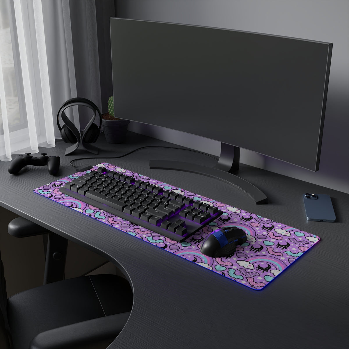 Rainbow Spooky Bats Purple LED Gaming Mouse Pad