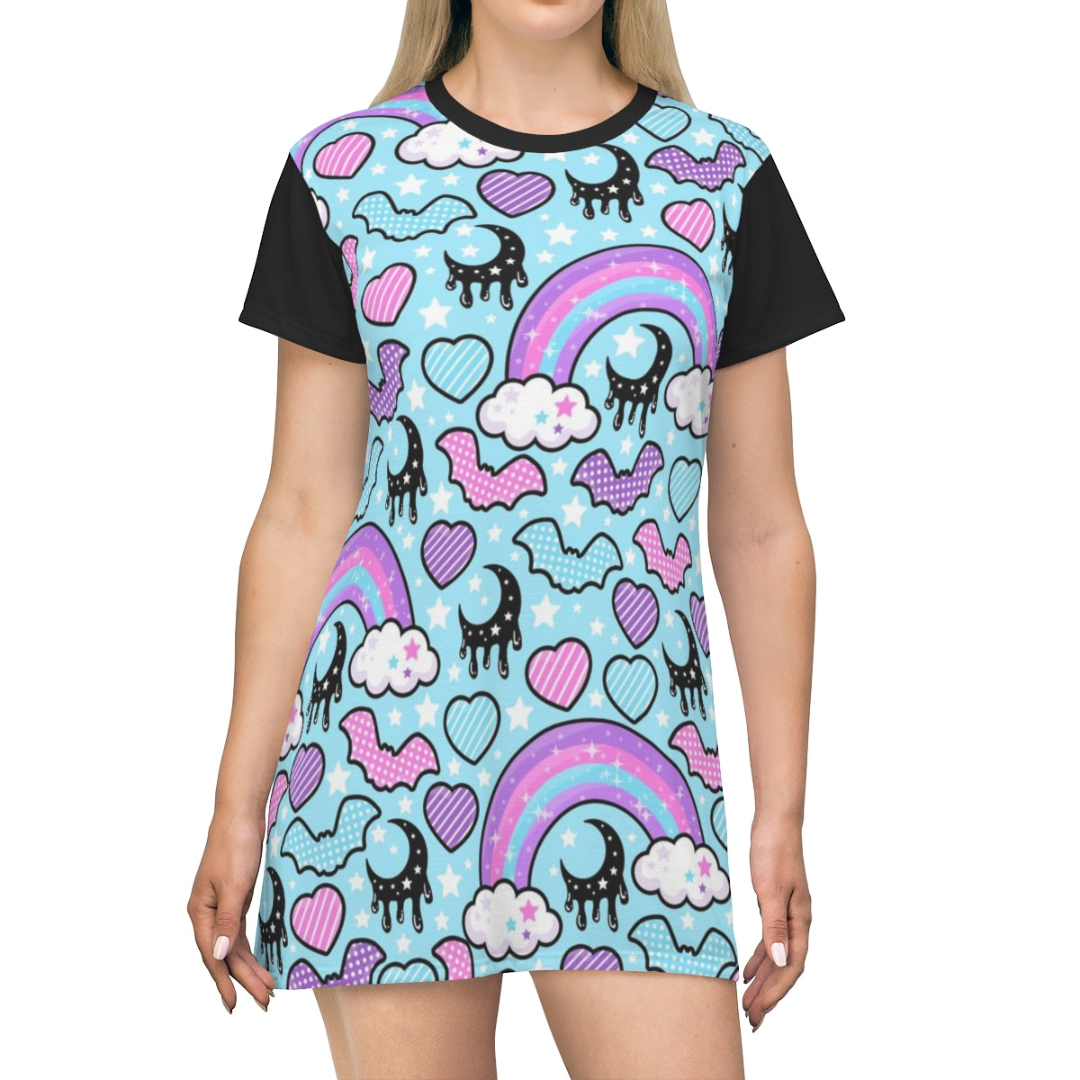 Rainbow Spooky Bats Blue All Over Print T-Shirt Mini Dress