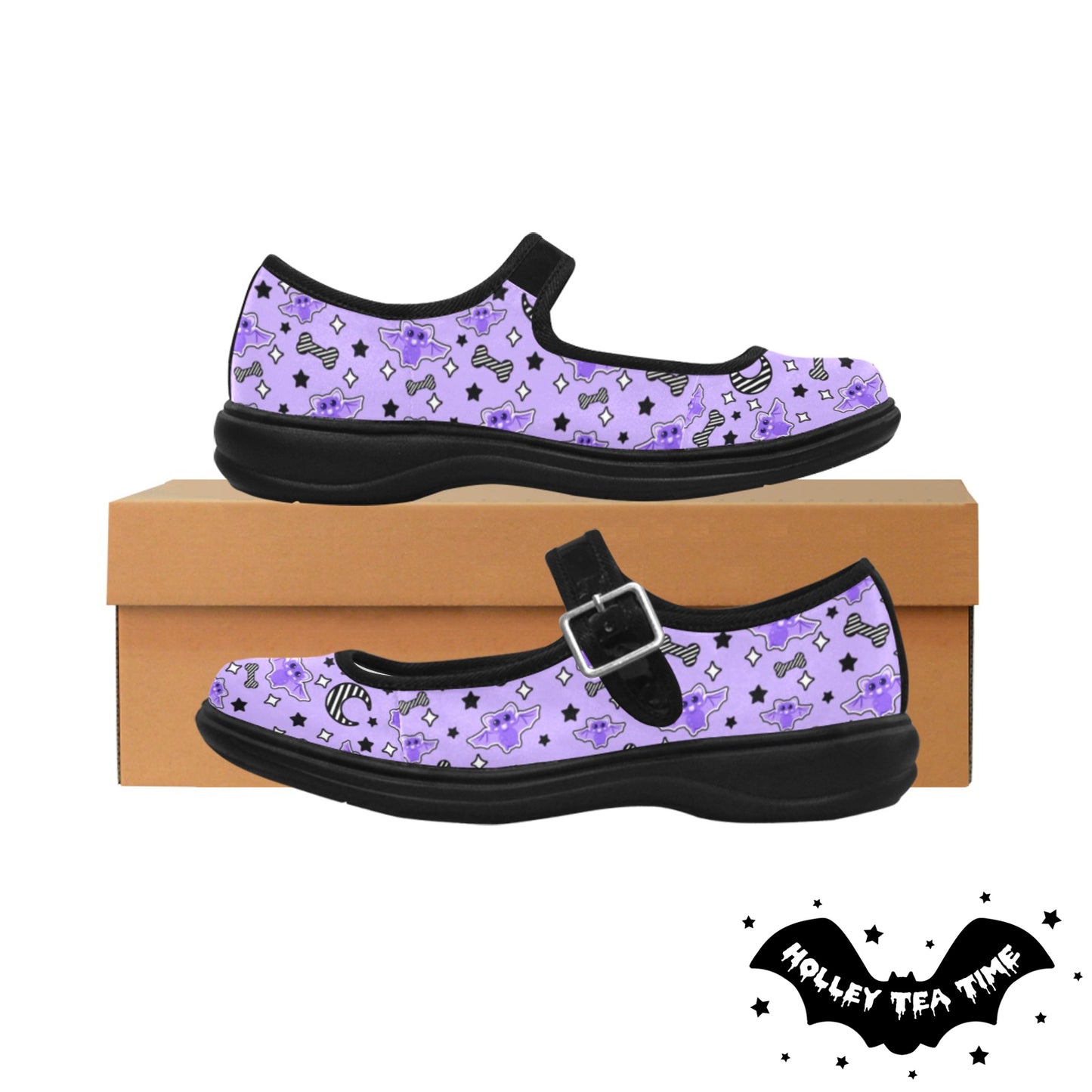 Magical Kawaii Spooky Bats Purple Women's Satin Mary Jane Shoes