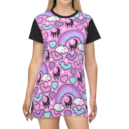 Rainbow Spooky Bats Pink All Over Print T-Shirt Mini Dress