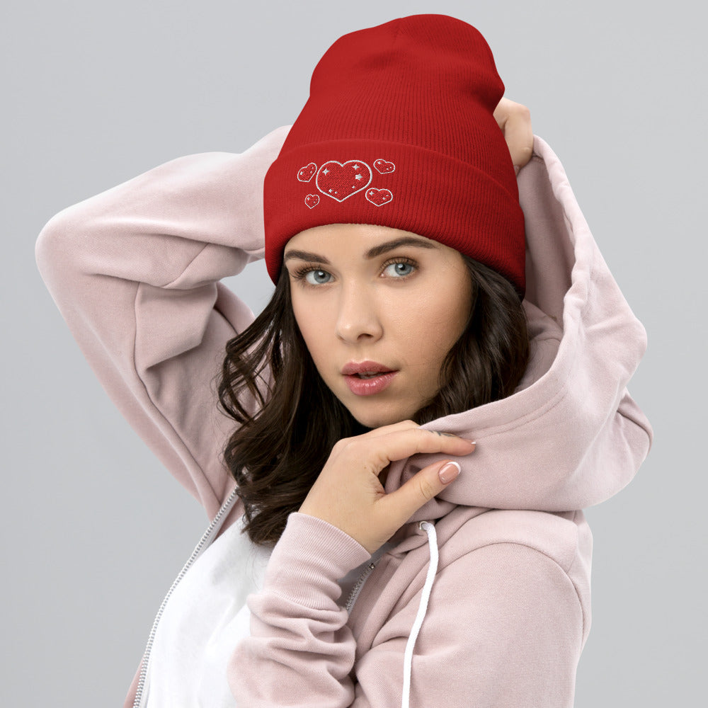 Sweet Feelings (Hearts) Embroidered Cuffed Beanie