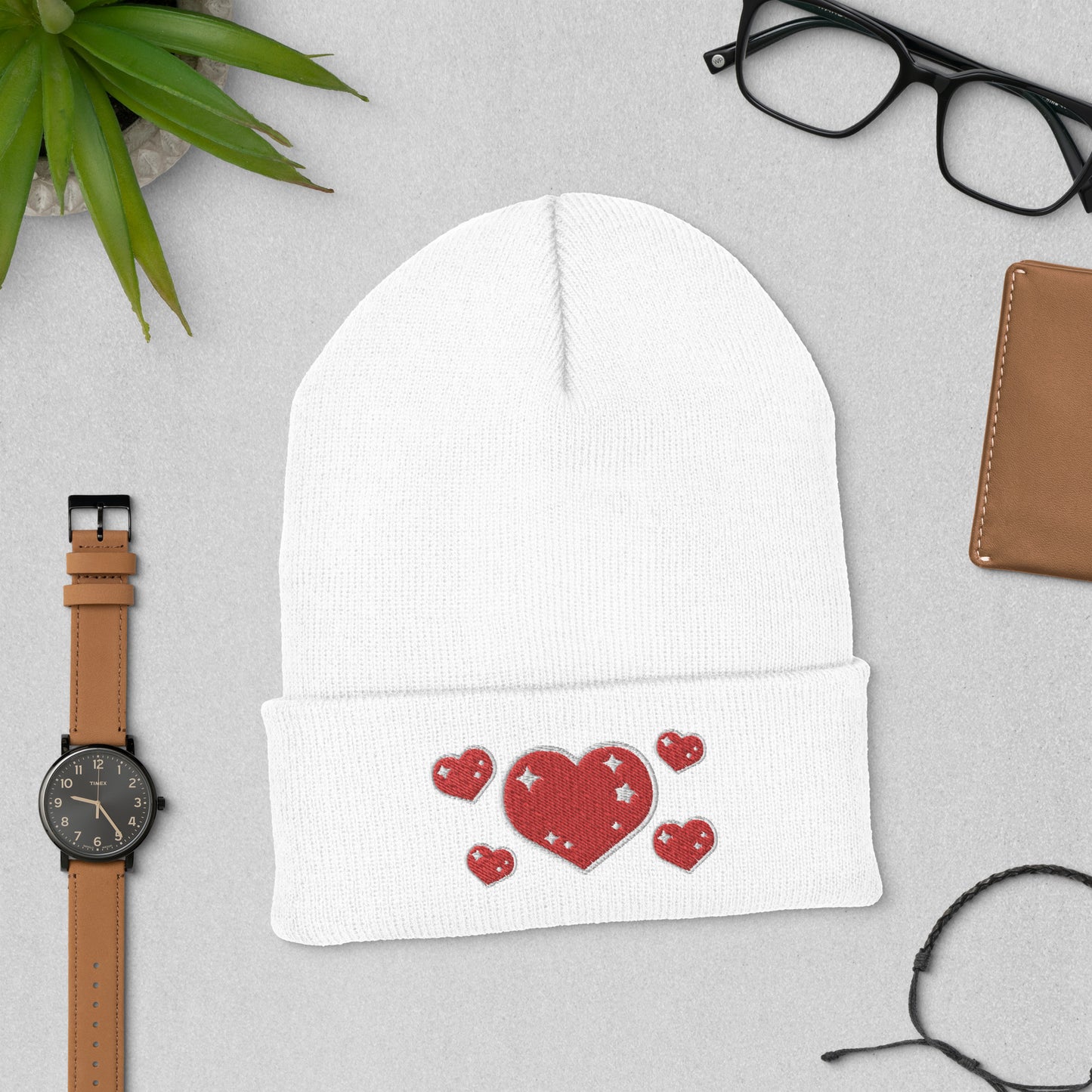 Sweet Feelings (Hearts) Embroidered Cuffed Beanie