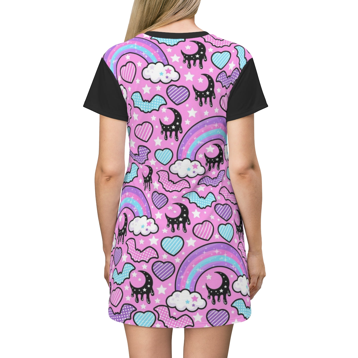 Rainbow Spooky Bats Pink All Over Print T-Shirt Mini Dress