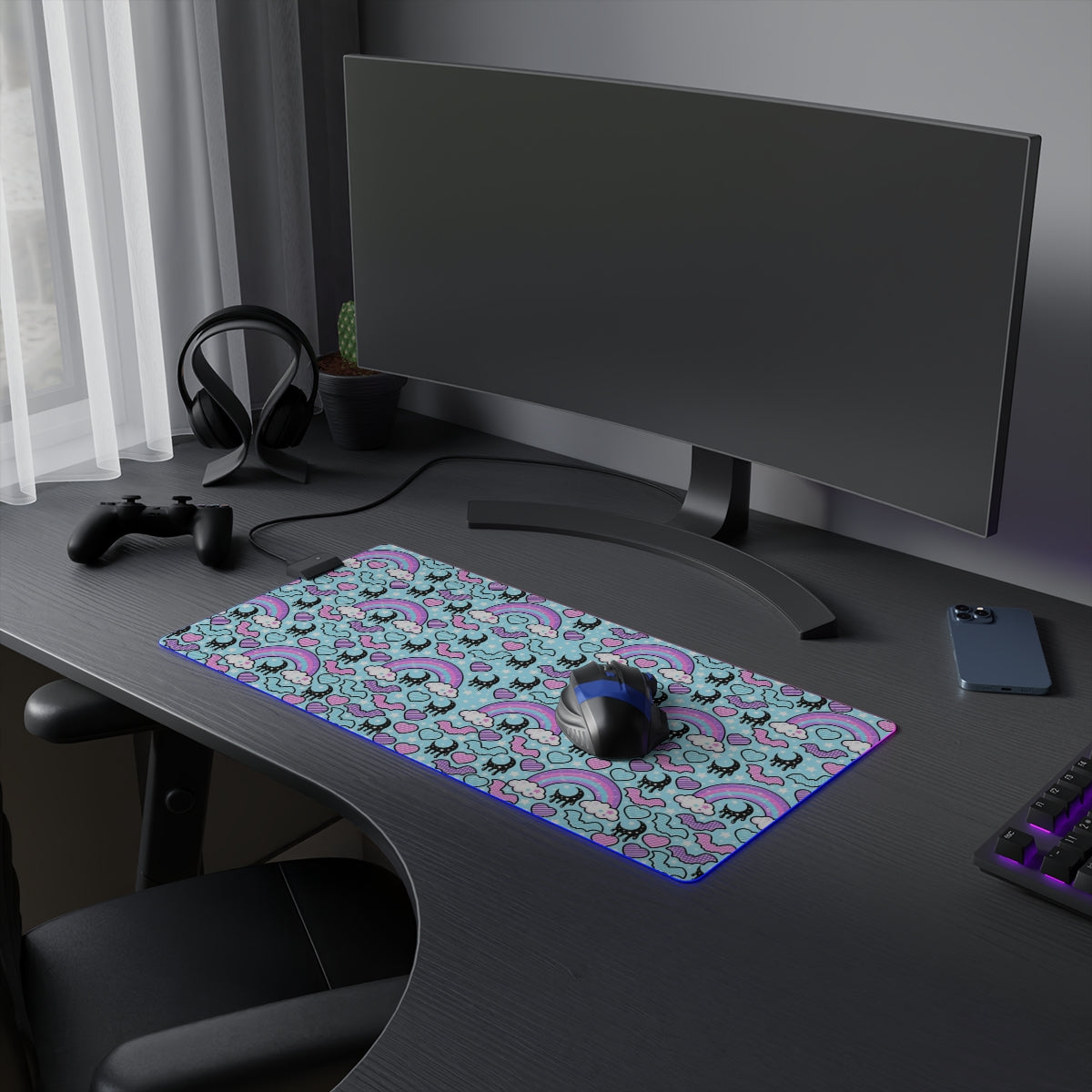 Rainbow Spooky Bats Blue LED Gaming Mouse Pad
