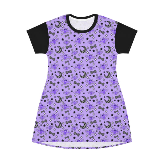 Magical Kawaii Spooky Bats Purple All Over Print T-Shirt Mini Dress