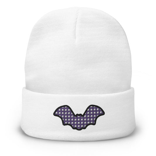 Rainbow Spooky Bats Embroidered White Beanie