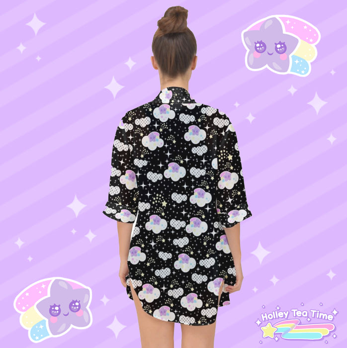 Shooting Star Clouds Black Open Front Chiffon Peignoir [Made To Order]