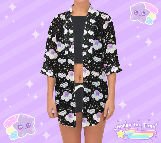 Shooting Star Clouds Black Open Front Chiffon Peignoir [Made To Order]
