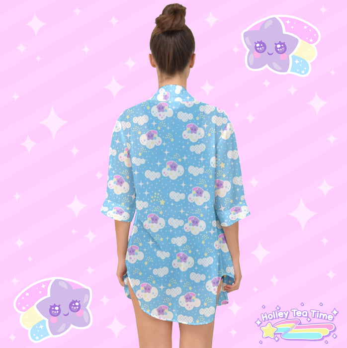 Shooting Star Clouds Blue Open Front Chiffon Peignoir [Made To Order]