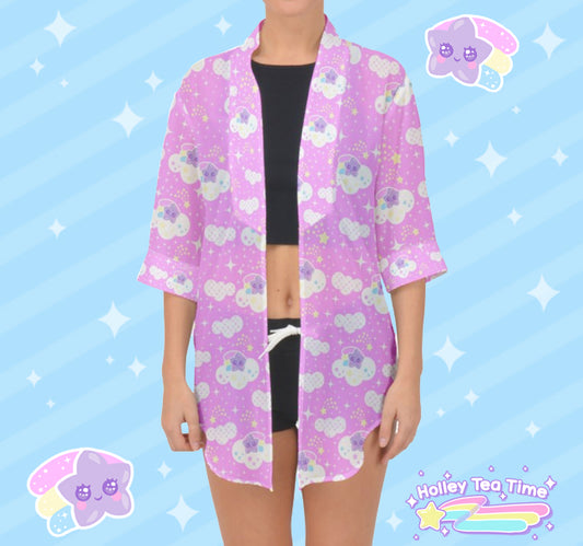 Shooting Star Clouds Pink Open Front Chiffon Peignoir [Made To Order]