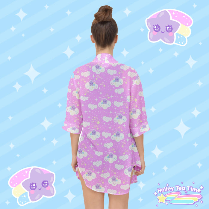 Shooting Star Clouds Pink Open Front Chiffon Peignoir [Made To Order]