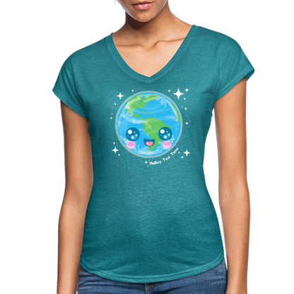 Kawaii Earth Women's Tri-Blend V-Neck T-Shirt - heather turquoise