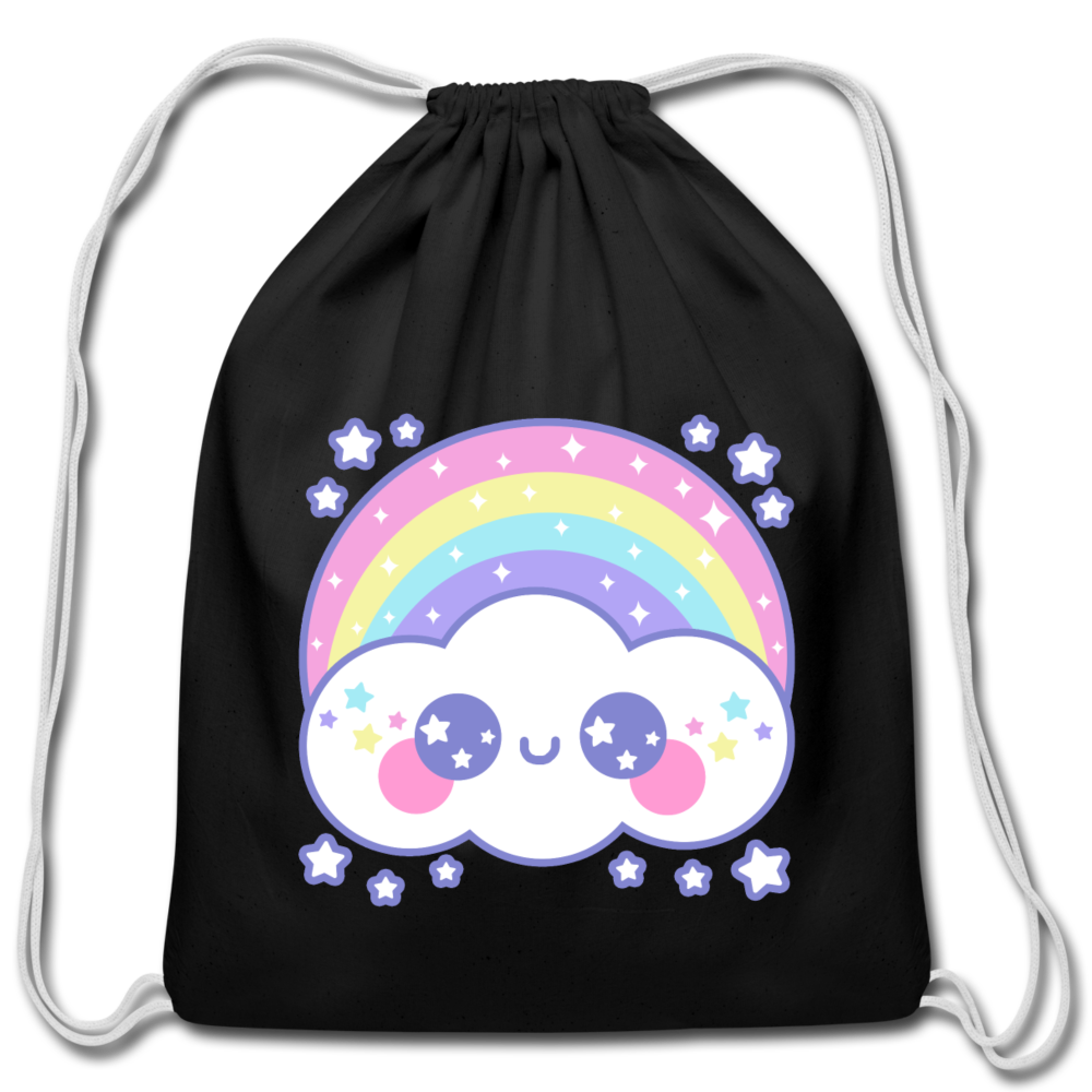 Happy Rainbow Cloud Cotton Drawstring Bag - black