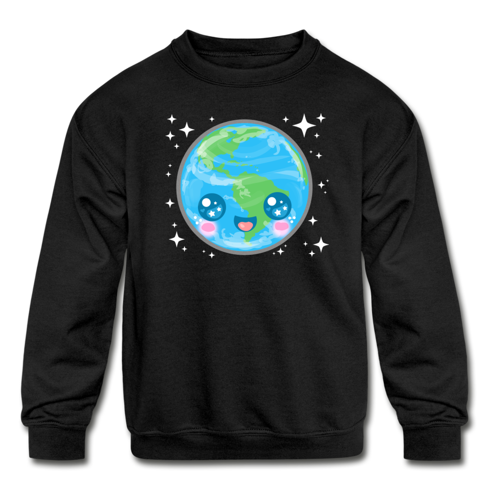Kids' Kawaii Earth Crewneck Sweatshirt - black