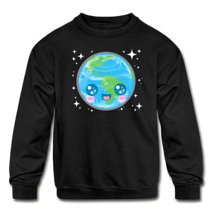 Kids' Kawaii Earth Crewneck Sweatshirt - black