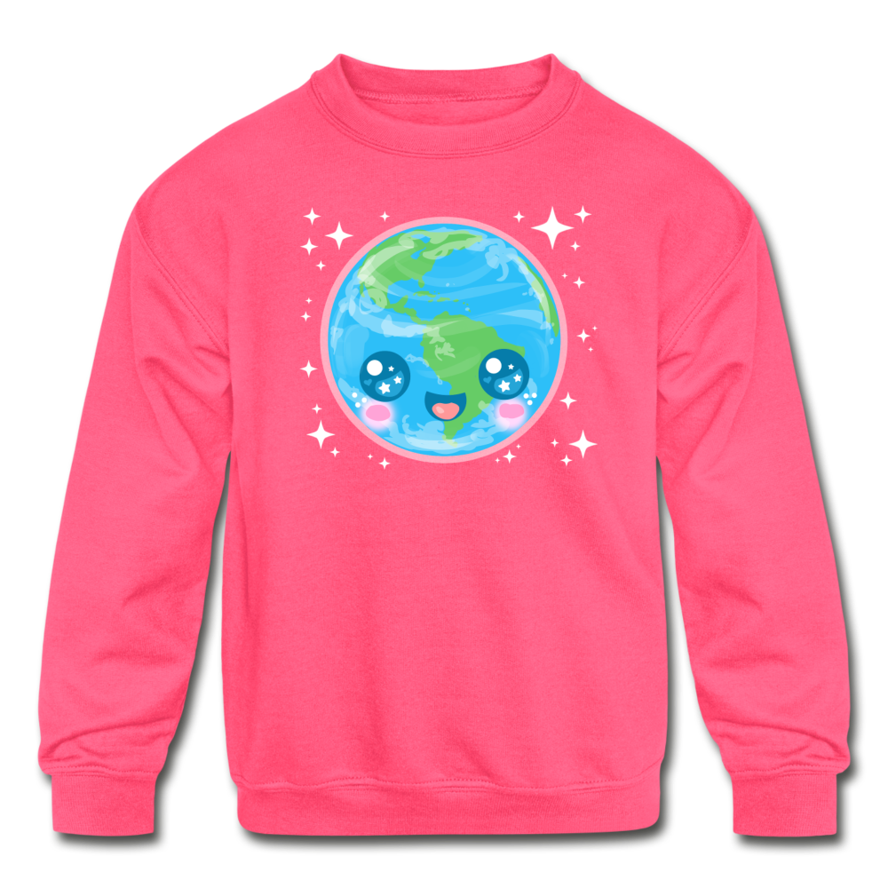 Kids' Kawaii Earth Crewneck Sweatshirt - neon pink